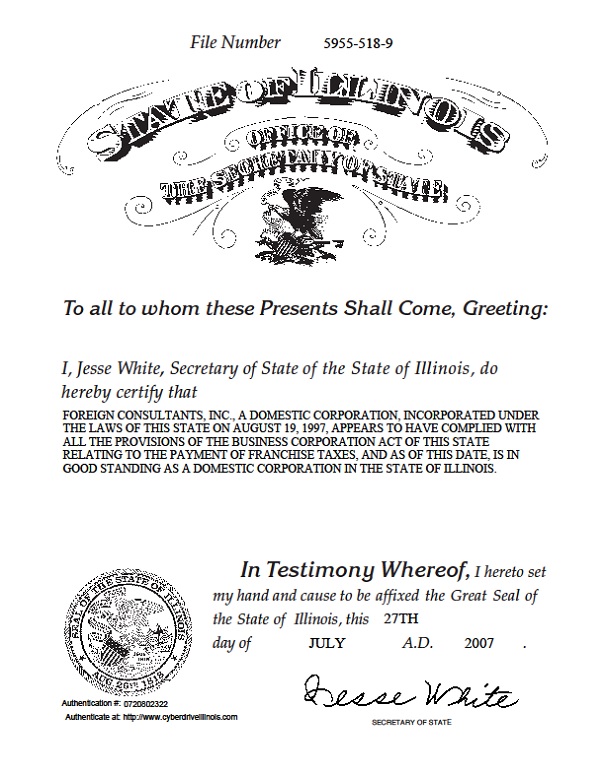 Illinois Certificate of Incorporation and Good Standing